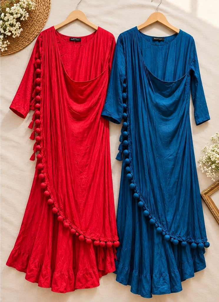 Women's Duo-Tone Draped Cowl Kurti Gown with Hanging Pompom Border