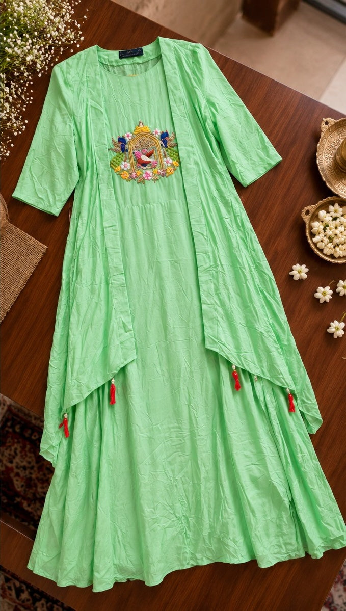 Women's Mint Green Layered Anarkali Gown with Embroidered Yoke & Tassels