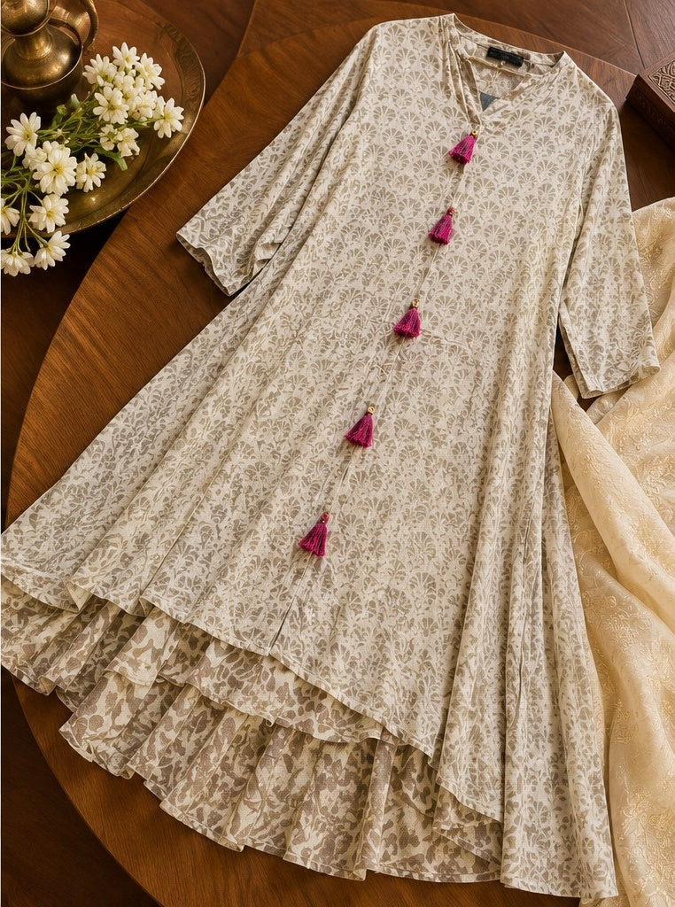 Women's Oatmeal Beige Printed Tiered Anarkali Dress with Pompom Tassels