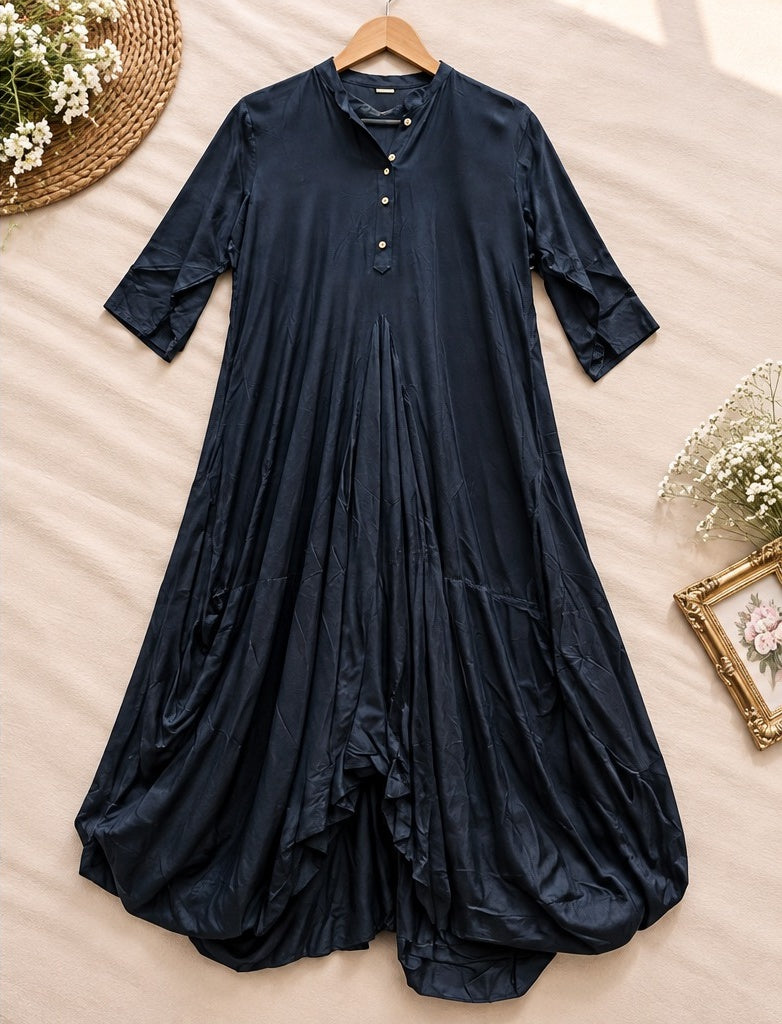 Women's Midnight Black Cowl-Draped Button-Down Maxi Gown