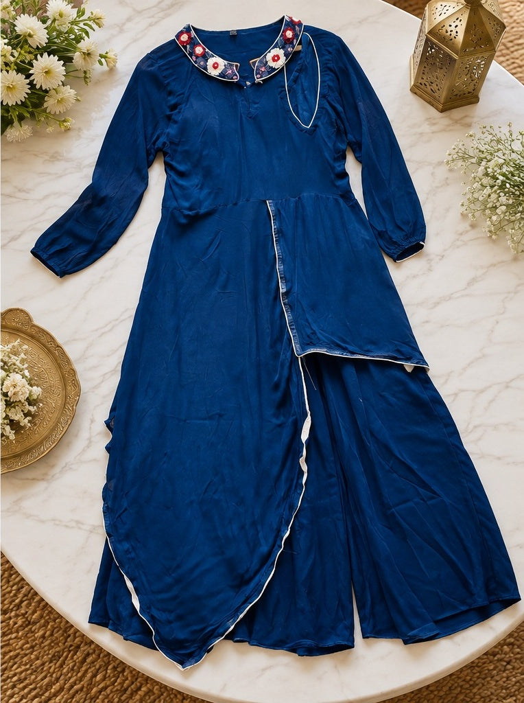 Women's Royal Blue Embroidered Asymmetric Layered Anarkali Suit Set