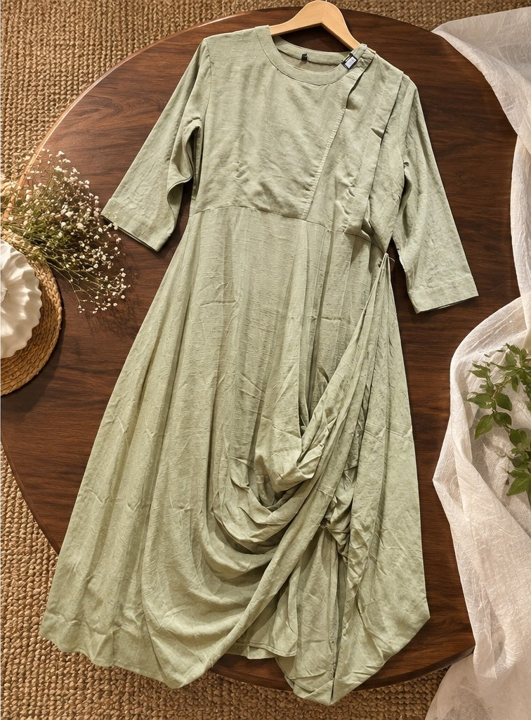 Women's Sage Green Draped Cowl Anarkali Maxi Dress with Side Buttons