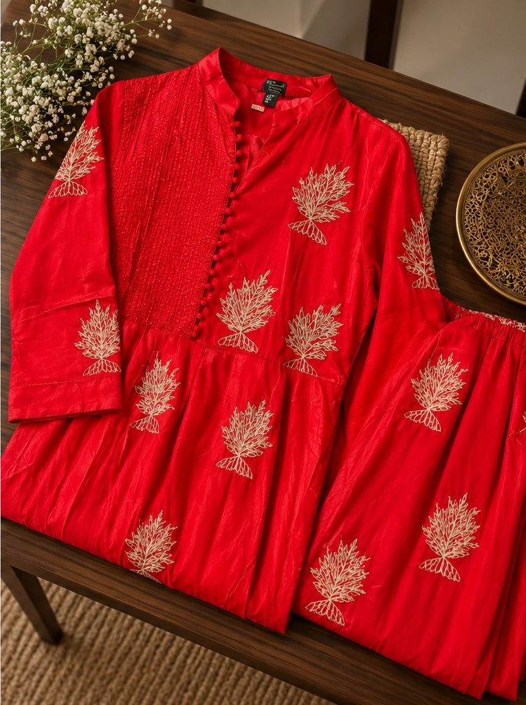 Women's Scarlet Red Gold Foil Printed Anarkali Kurta Set