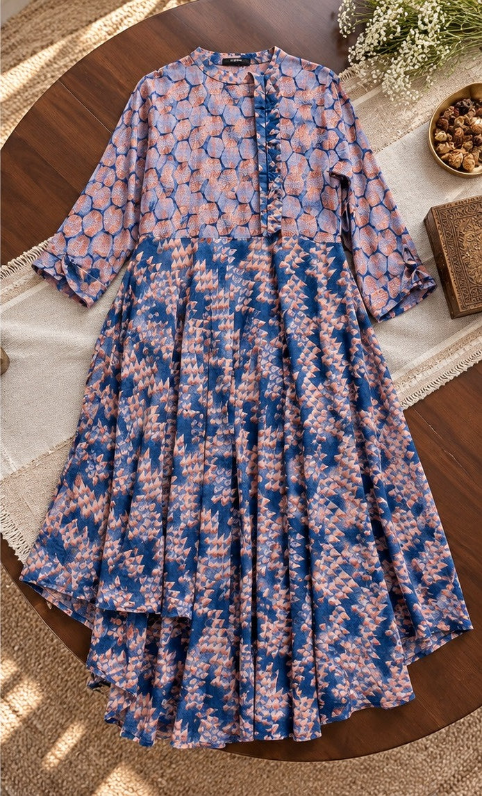 Women's Lavender Blue Floral Printed Tiered Anarkali Maxi Gown