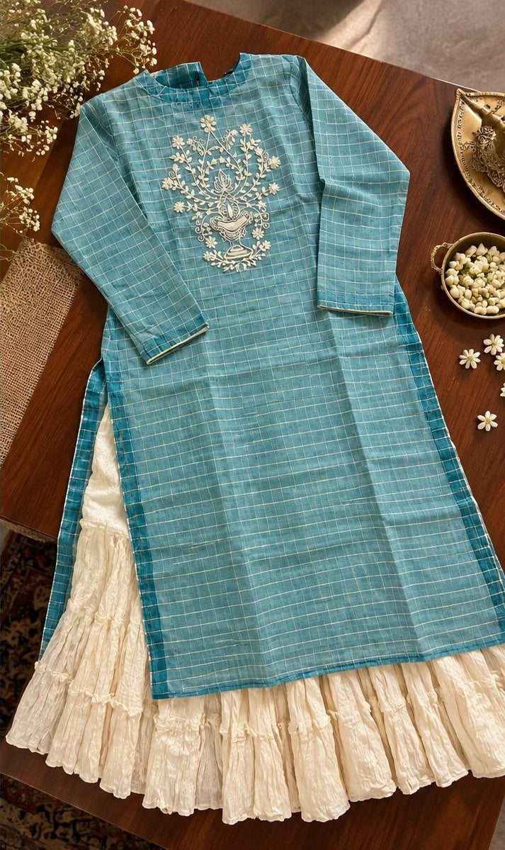 Women's Dusty Teal Embroidered Straight Kurti with Tiered Crinkled Skirt