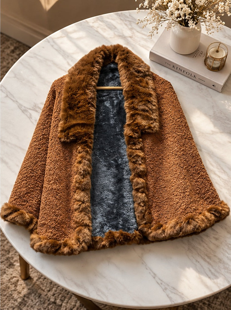Women's Rust Brown Textured Knit Cape with Faux Fur Border & Cuffs