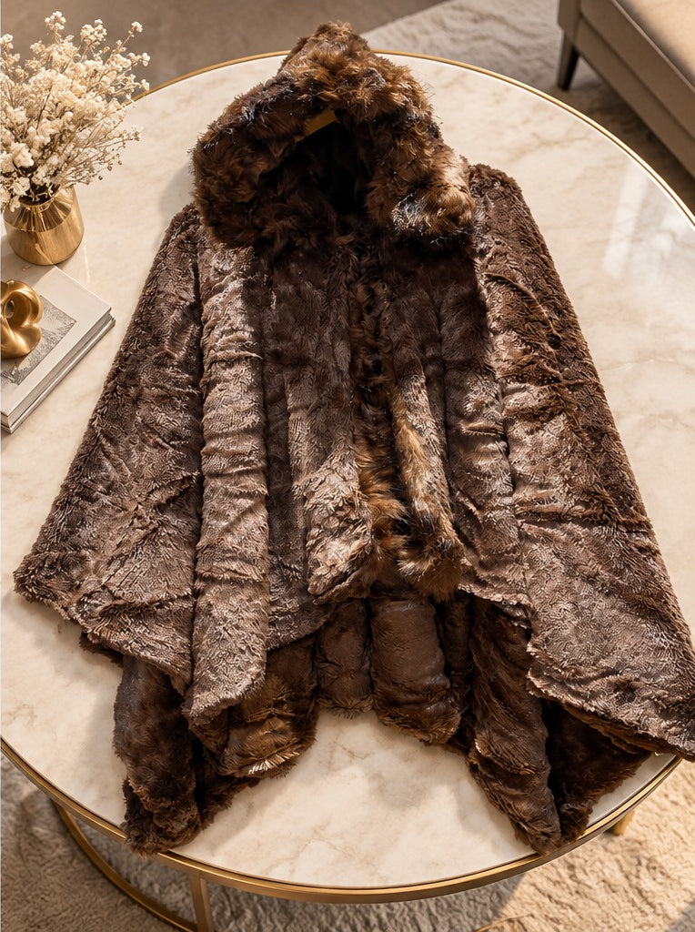 Women's Chocolate Brown Plush Fur Hooded Winter Poncho Cape