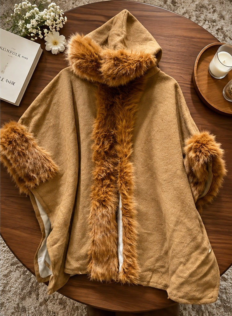 Women's Honey Mustard Hooded Fur Trim Winter Poncho