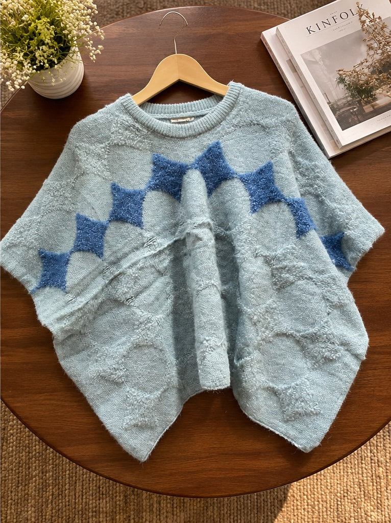 Women's Sky Blue Diamond Pattern Knit Poncho Sweater