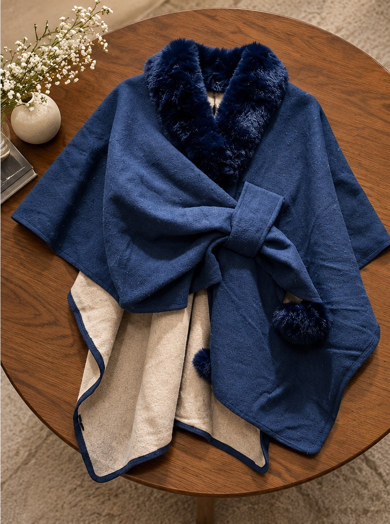 Women's Royal Blue Wrap Cape with Plush Fur Collar Trim