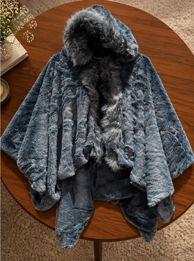 Women's Denim Blue Hooded Fur Trim Knit Cape