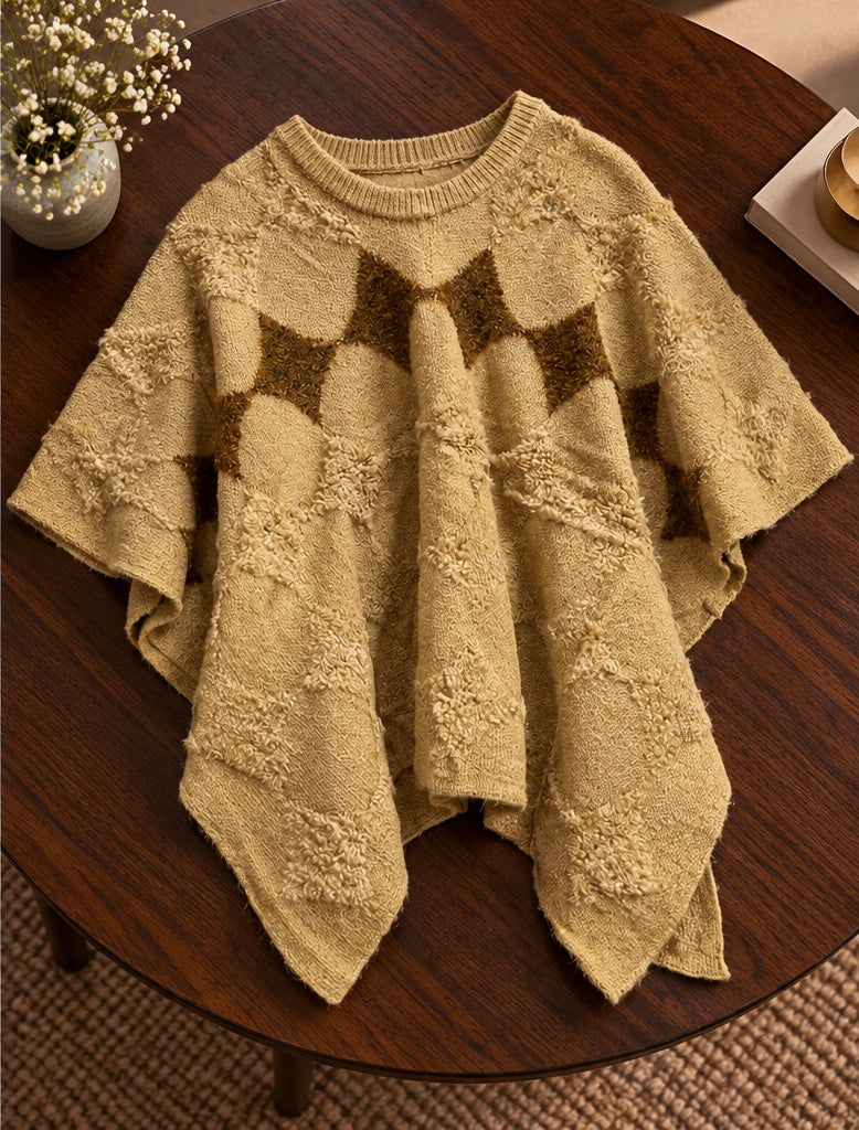 Women's Mustard Yellow Chevron Knit Poncho with Tassel Trim