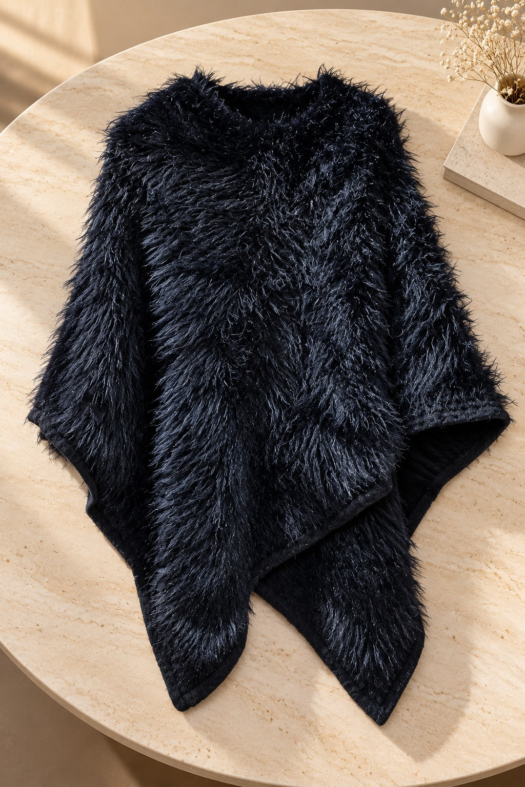 Women's Midnight Black Shaggy Faux Fur Textured Asymmetrical Poncho