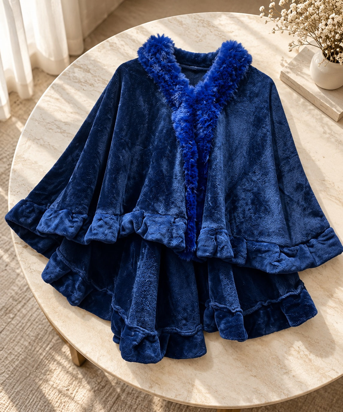 Women's Sapphire Blue Velvet Plush Hooded Cape with Ruffled Hem