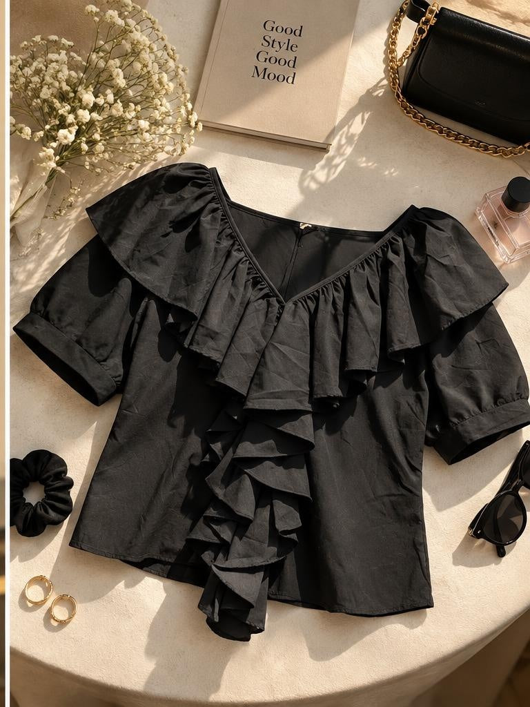 Women’s Black Layered Ruffle Top