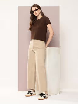 Women Regular Fit Plain Brown T-Shirt