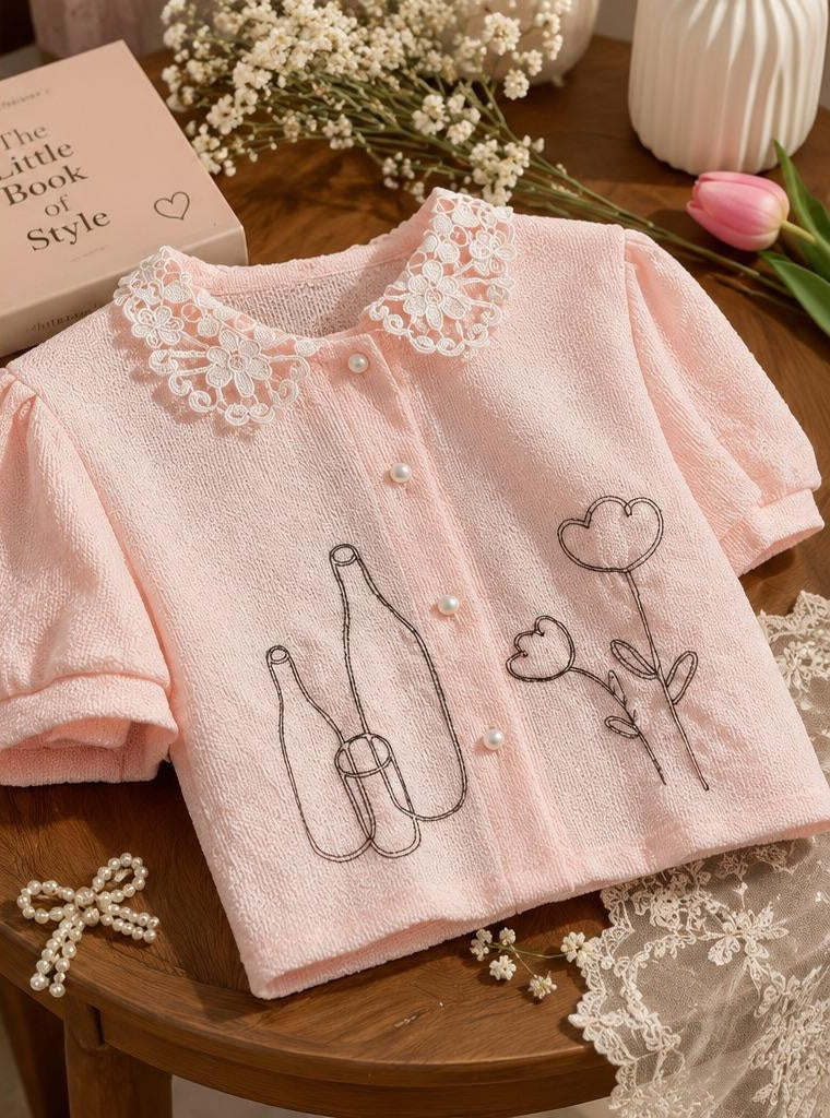 Women’s Light Pink Embroidered Top with Lace Collar