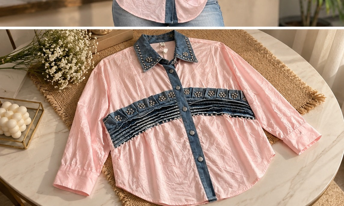 Women's Blush Pink Button-Down Shirt with Washed Denim Western Yoke