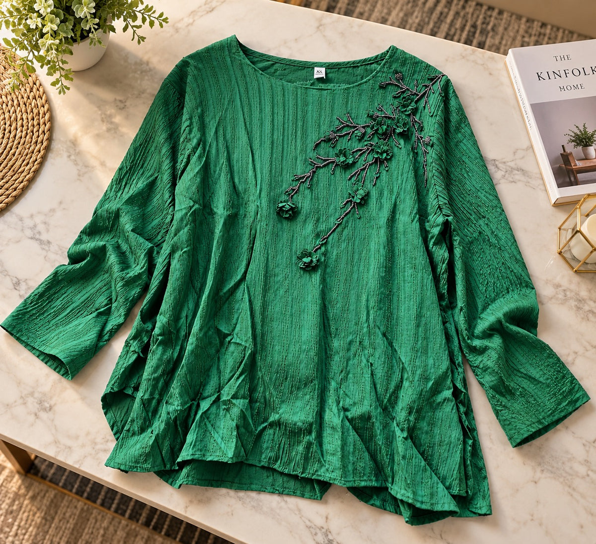 Women's Deep Emerald Green Crinkle Crepe Top with Floral Vine Embroidery