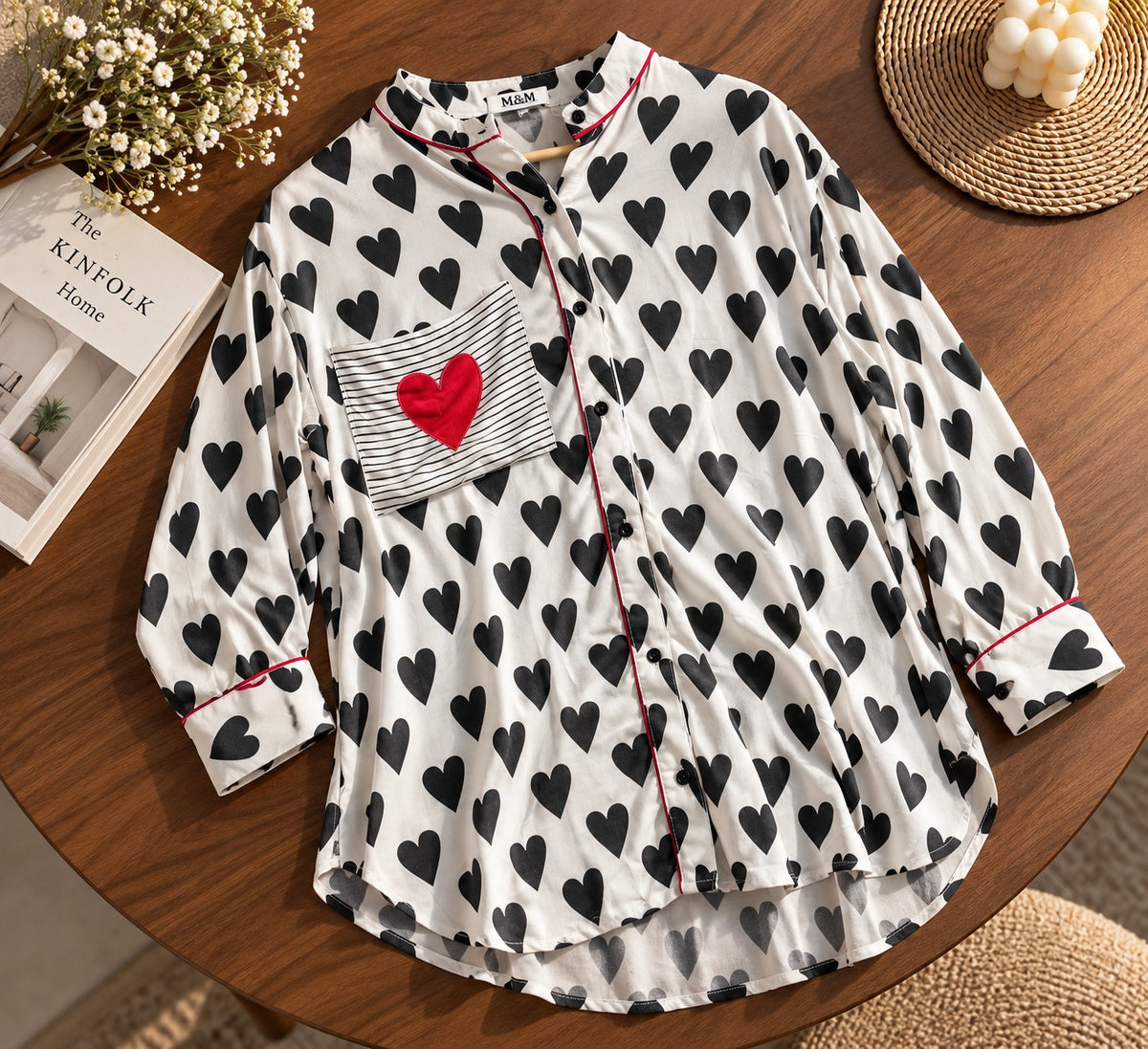 Women's Crisp White Shirt with Black Heart Print & Red Embroidered Pocket