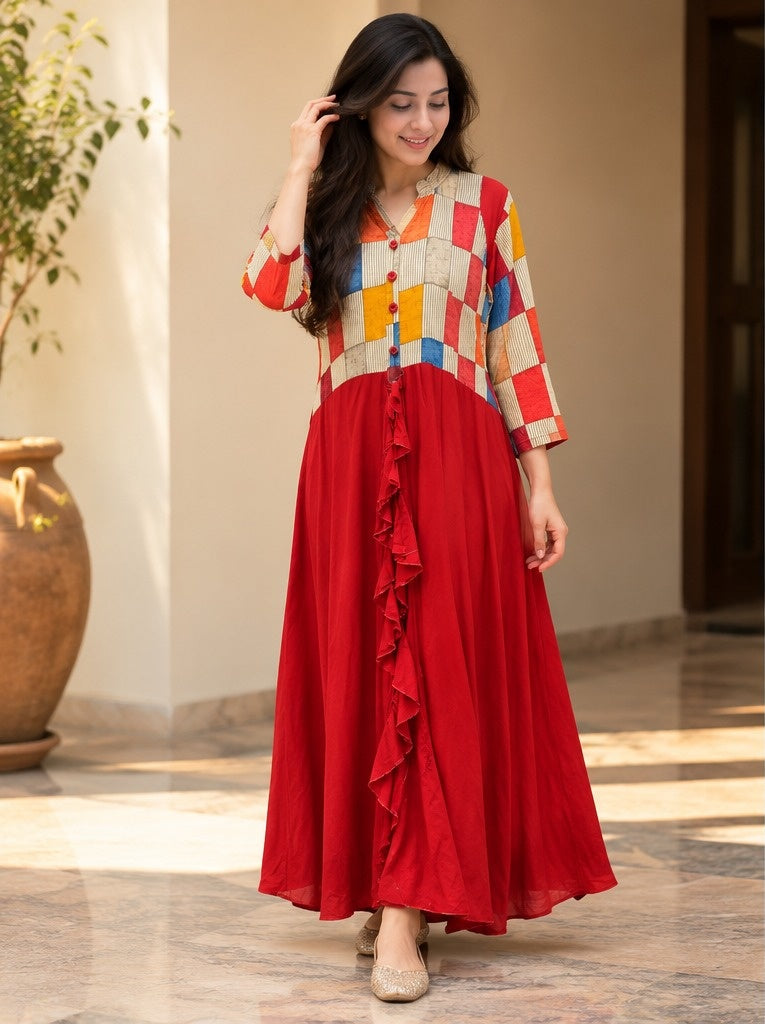Women's Crimson Red Draped Cowl Anarkali Dress with Geometric Print Yoke