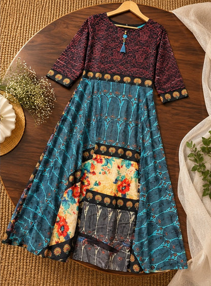 Women's Multi-Print Patchwork Bohemian Flared Anarkali Maxi Gown