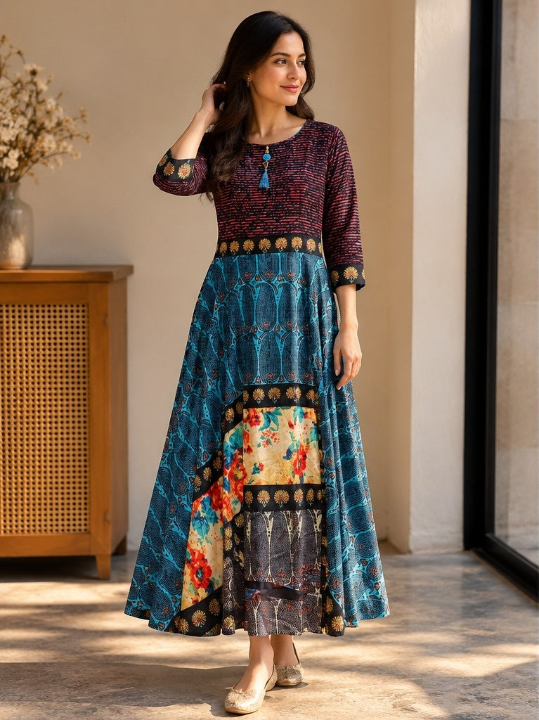 Women's Multi-Print Patchwork Bohemian Flared Anarkali Maxi Gown