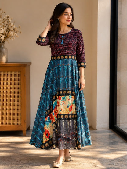 Women's Multi-Print Patchwork Bohemian Flared Anarkali Maxi Gown