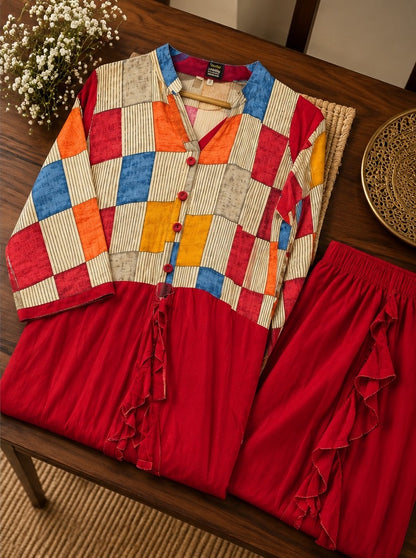 Women's Crimson Red Draped Cowl Anarkali Dress with Geometric Print Yoke
