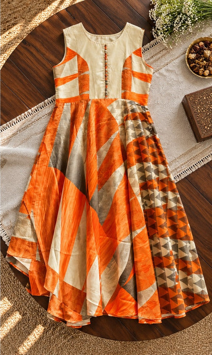Women's Tangerine Orange & Ivory Chevron Printed Sleeveless Anarkali Gown