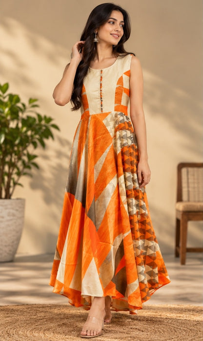 Women's Tangerine Orange & Ivory Chevron Printed Sleeveless Anarkali Gown