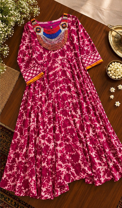 Women's Magenta Pink Bandhani Printed Flared Anarkali Gown with Embroidered Yoke