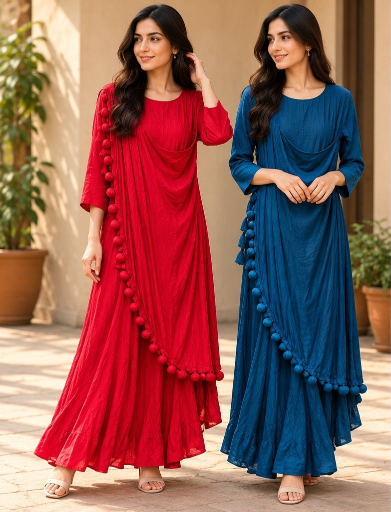 Women's Duo-Tone Draped Cowl Kurti Gown with Hanging Pompom Border