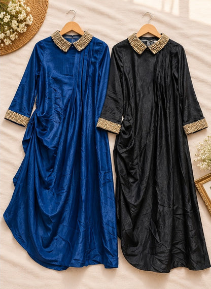 Women's Royal Blue & Black Draped Cowl Gown with Embellished Collar