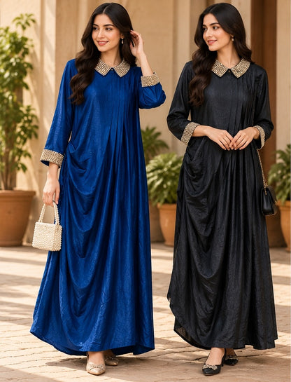 Women's Royal Blue & Black Draped Cowl Gown with Embellished Collar