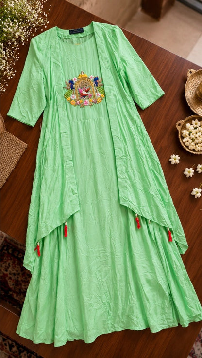 Women's Mint Green Layered Anarkali Gown with Embroidered Yoke & Tassels