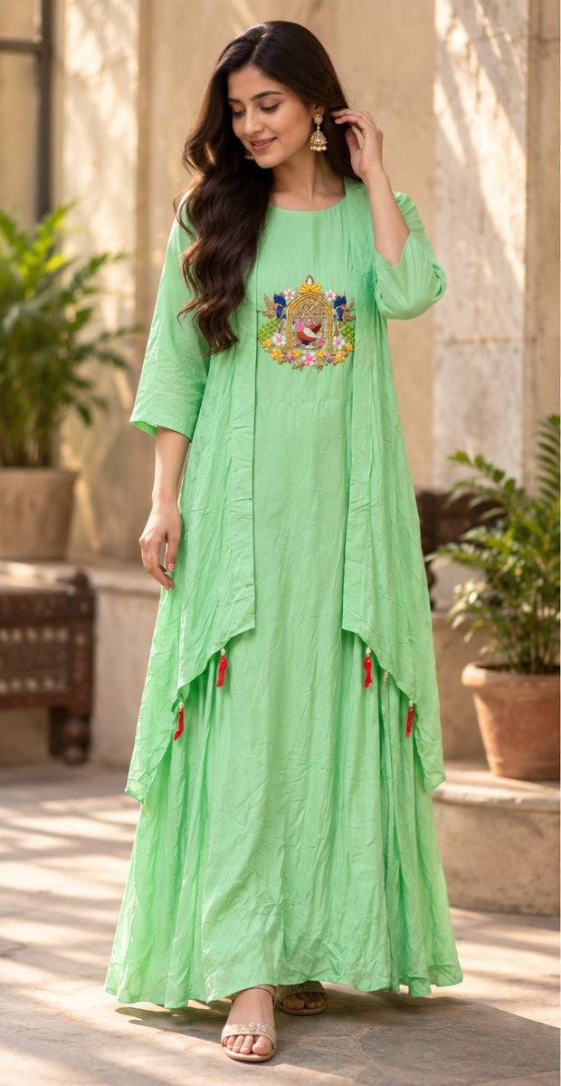 Women's Mint Green Layered Anarkali Gown with Embroidered Yoke & Tassels