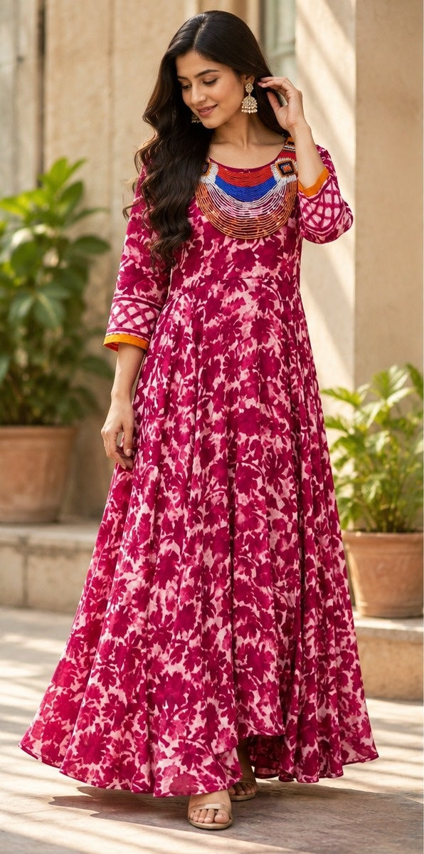 Women's Magenta Pink Bandhani Printed Flared Anarkali Gown with Embroidered Yoke