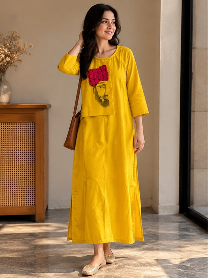 Women's Sunshine Yellow A-Line Kurti Dress with Handcrafted Floral Applique