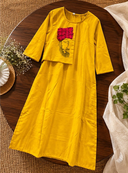 Women's Sunshine Yellow A-Line Kurti Dress with Handcrafted Floral Applique