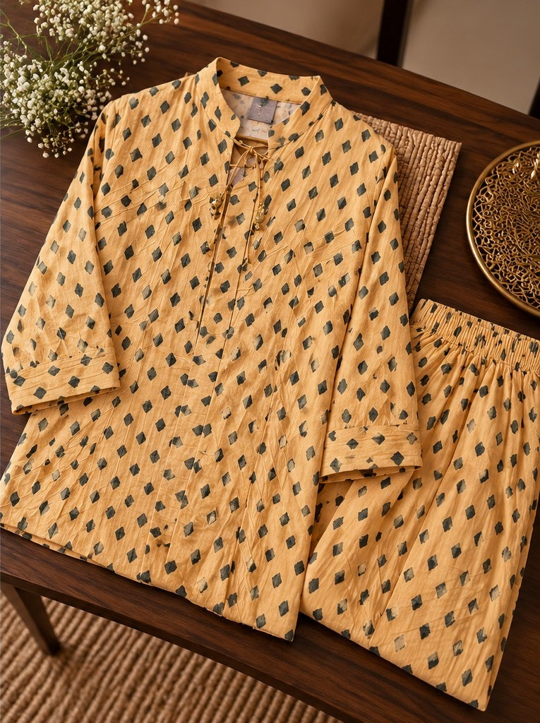 Women's Mustard Yellow Geometric Buti Printed Layered Anarkali Gown