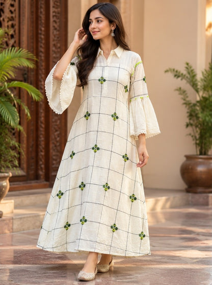 Women's Ivory Cream Plaid Check Collared Flared Tunic with Bell Sleeves