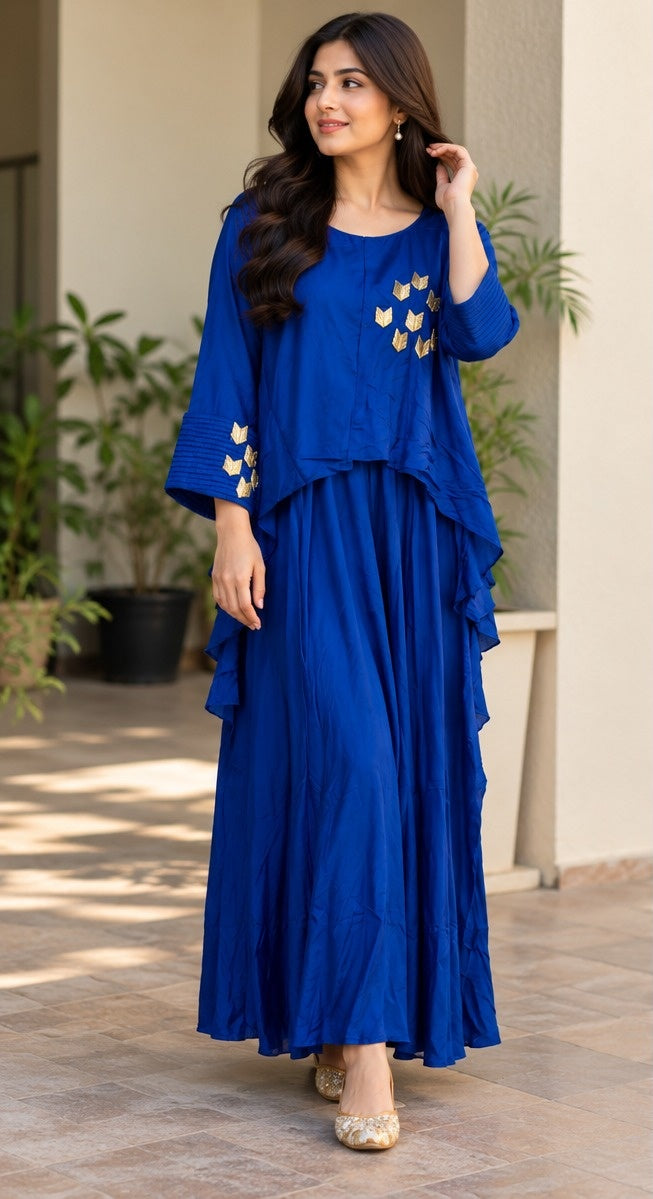 Women's Royal Blue Tiered Flared Anarkali Gown with Floral Embroidery