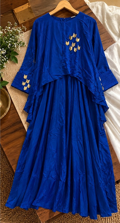 Women's Royal Blue Tiered Flared Anarkali Gown with Floral Embroidery