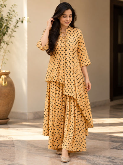Women's Mustard Yellow Geometric Buti Printed Layered Anarkali Gown