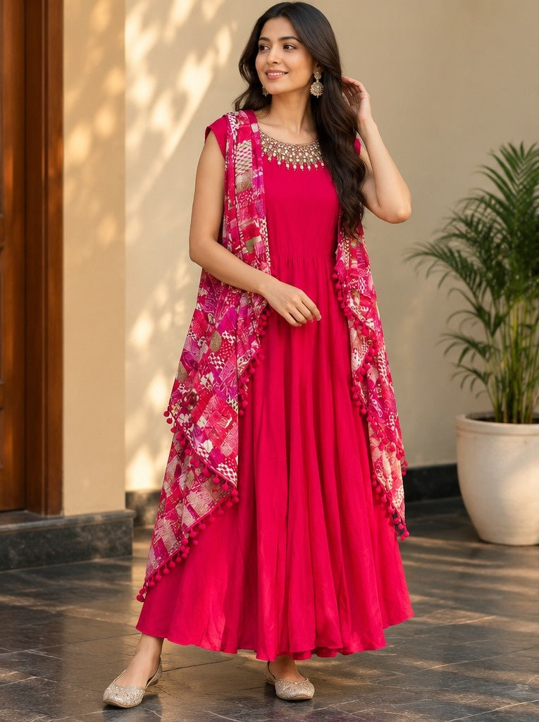 Women's Hot Pink Flared Anarkali Gown with Floral Printed Longline Shrug