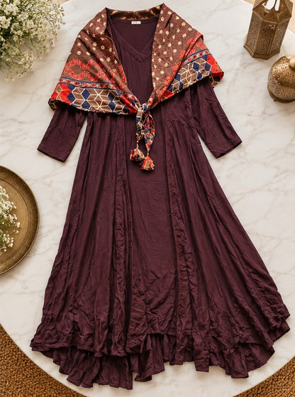 Women's Plum Wine Flared Anarkali Gown with Printed Capelet Drape