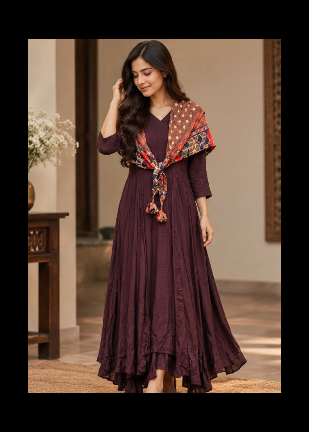 Women's Plum Wine Flared Anarkali Gown with Printed Capelet Drape