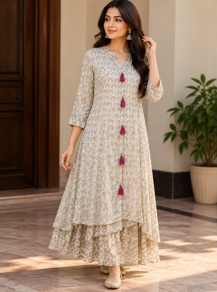 Women's Oatmeal Beige Printed Tiered Anarkali Dress with Pompom Tassels