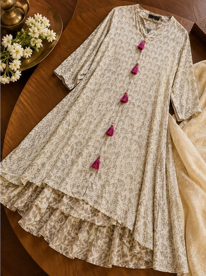 Women's Oatmeal Beige Printed Tiered Anarkali Dress with Pompom Tassels